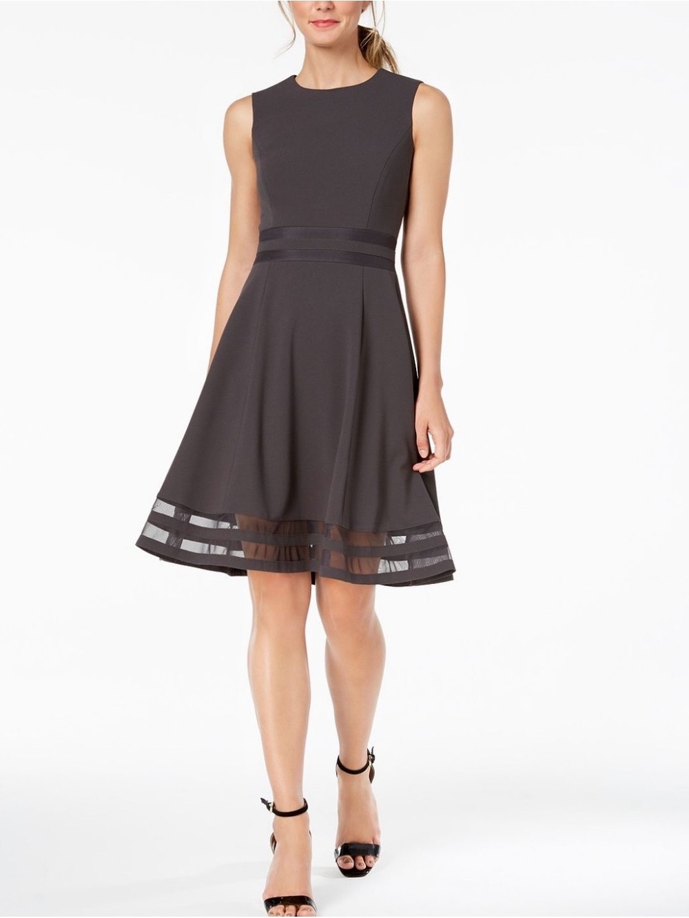 Calvin Klein Dark Gray Fit-and-Flare Skirt with Sheer Stripe Hem